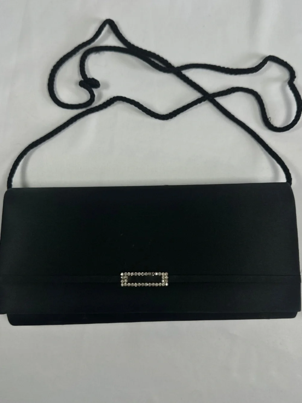 Black Clutch Handbag String Strap Magnetic Snap Rectangle Jeweled Embellishment